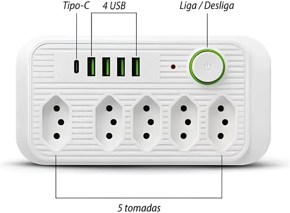 Regleta Inteligente con 5 Tomas + 4 Puertos USB + 1 Tipo-C