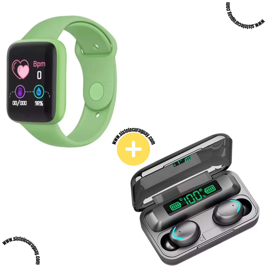 Smart Bracelet D20 PRO con Monitor Cardíaco y Funciones Deportivas + Auriculares Inalámbricos F9 con Power Bank y Pantalla LED
