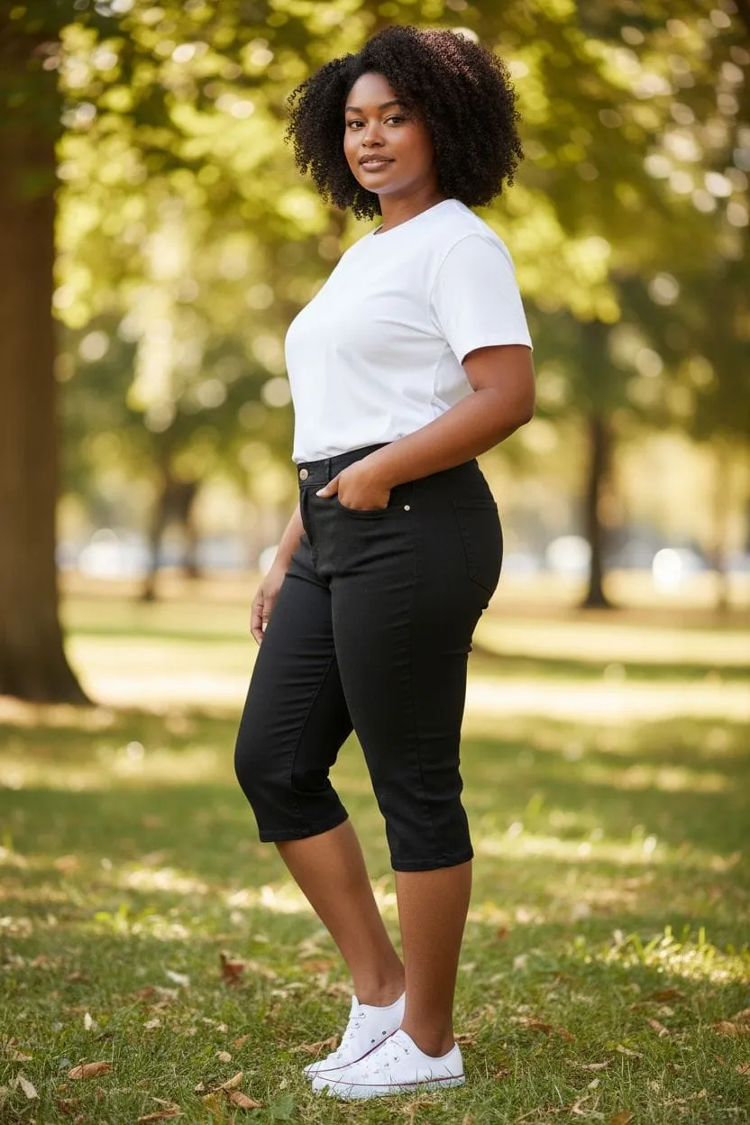  Capri de Jean Negro Tiro Alto con MÁXIMA Lycra (Talles 44 al 52) | Calce Perfecto