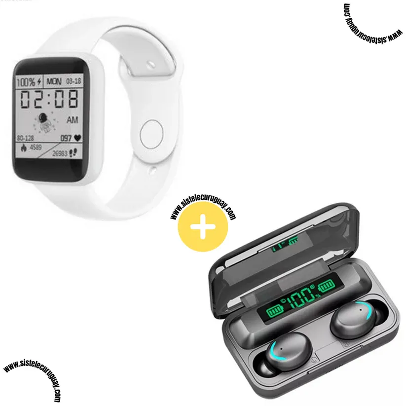Smart Bracelet D20 PRO con Monitor Cardíaco y Funciones Deportivas + Auriculares Inalámbricos F9 con Power Bank y Pantalla LED