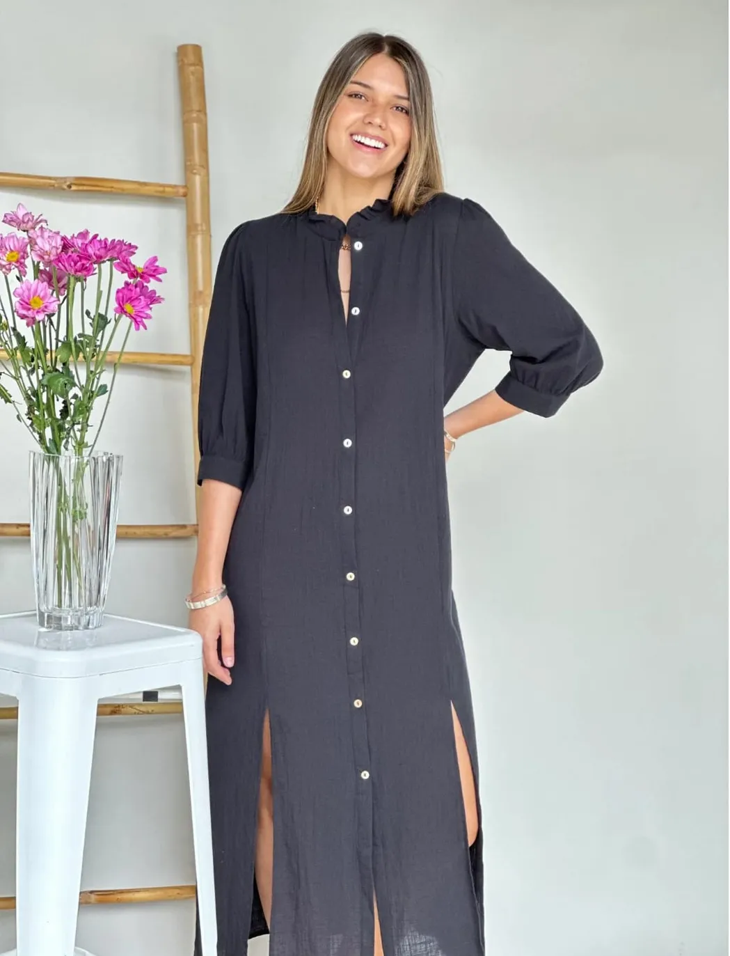 Vestido Camisero Largo Con Tajos