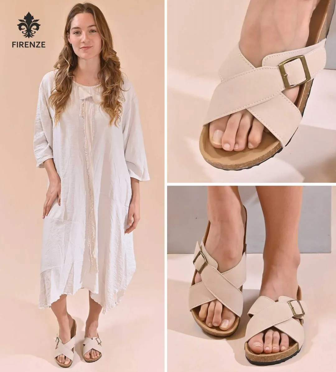 Sandalia Firenze con tiras cruzadas y hebilla lateral.