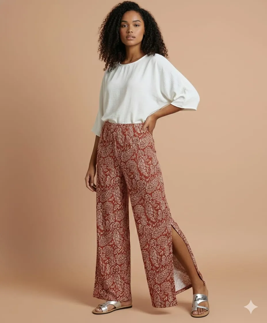 ​Pantalón Palazzo Relaxed en Rib con Aberturas Laterales