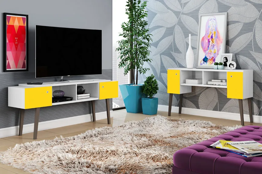 Rack / Aparador para TV con patas blanco con amarillo