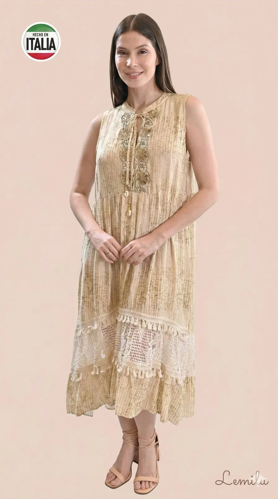 Vestido “Ravello” – Viscosa italiana con apliques dorados