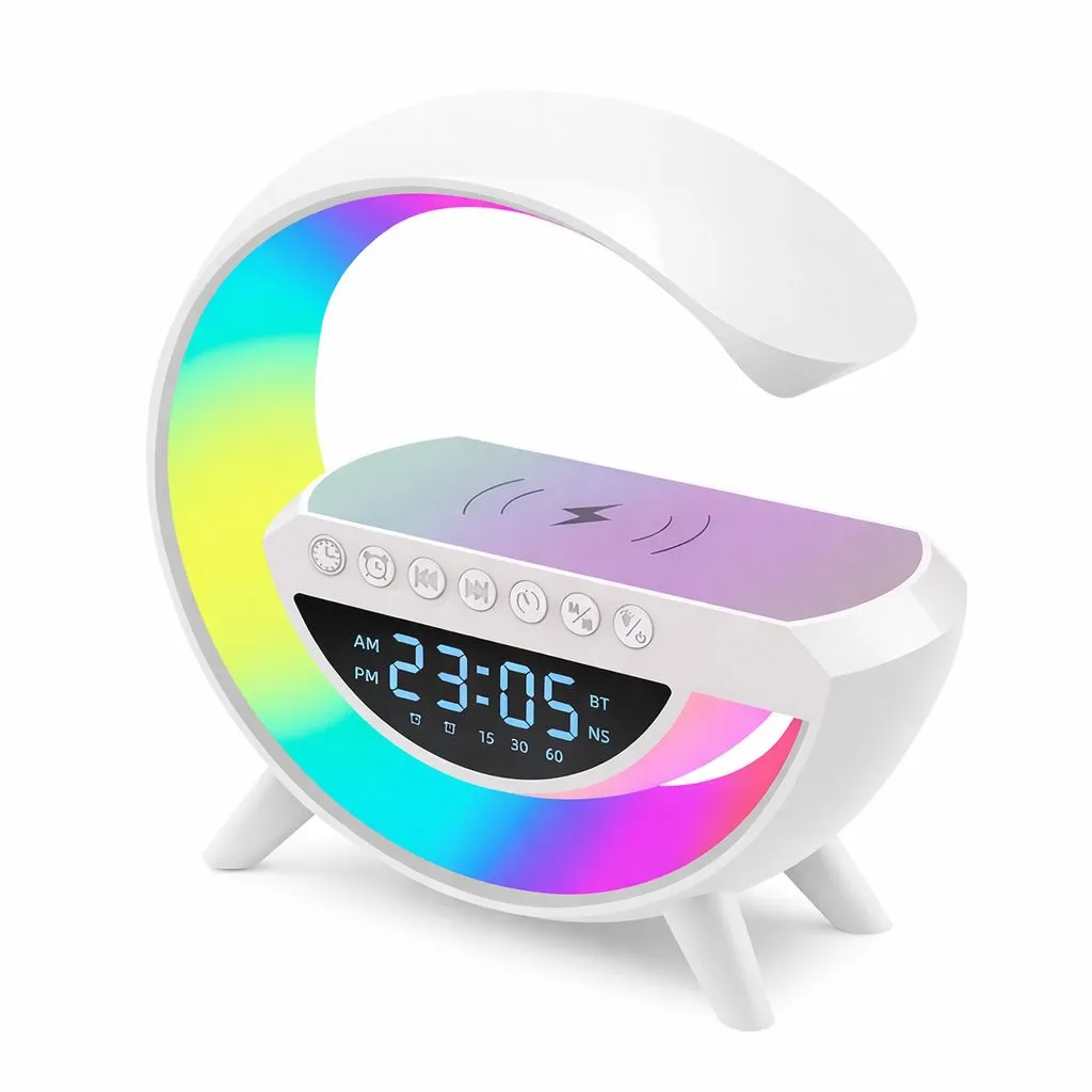 Parlante Bluetooth G con Lámpara LED RGB, Reloj y Cargador Inalámbrico