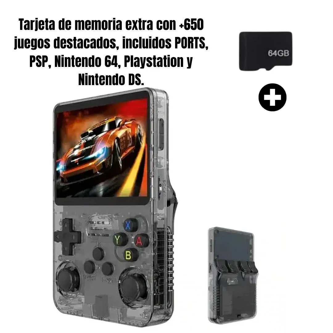 Consola portatil R36S PRO + MicroSD Extra con +650 juegos destacados.