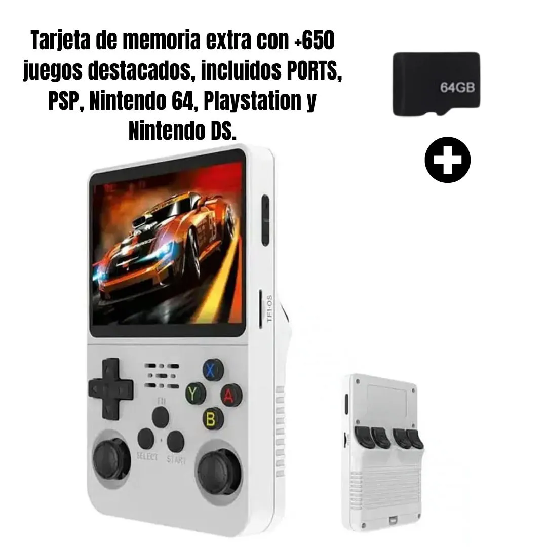 Consola portatil R36S PRO + MicroSD Extra con +650 juegos destacados.
