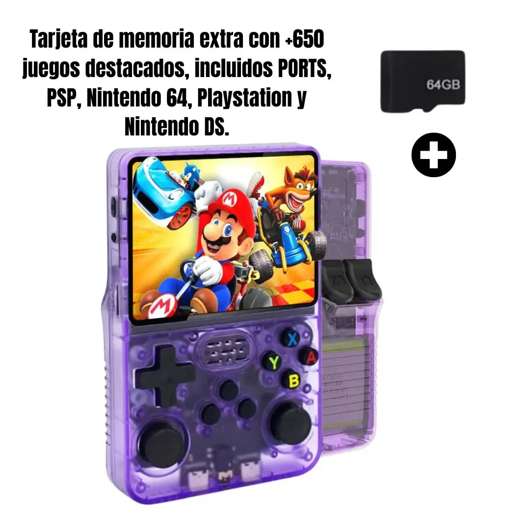 Consola portatil R36S PRO + MicroSD Extra con +650 juegos destacados.
